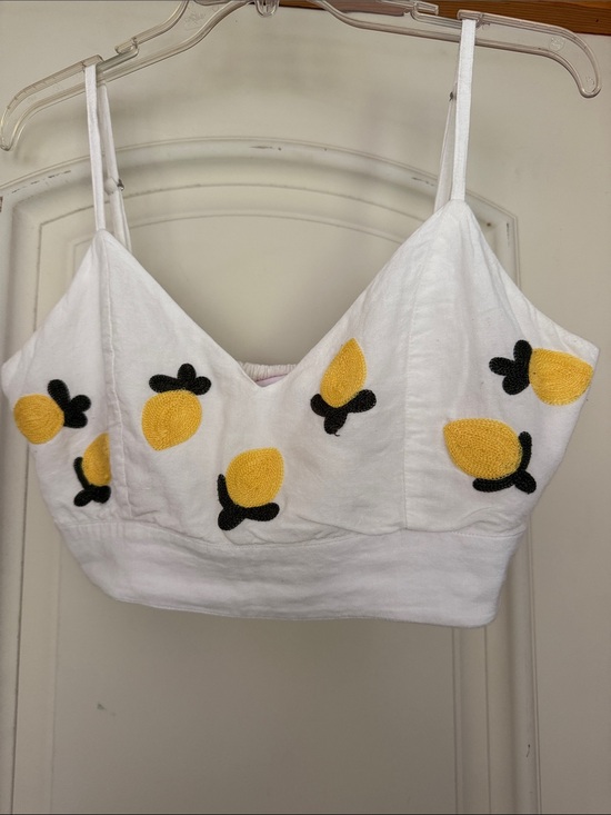 Red Carter Tops - Red Carter White Cropped Tank Top with Yellow Lemon Embroidery